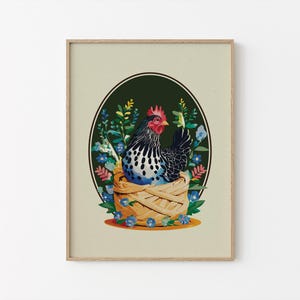 Cottagecore Chicken Art Print – Vintage Hen Illustration, Botanical Country Home Decor, Farmhouse Style Digital Download 300 DPI