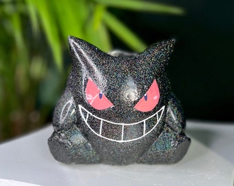 Shiny Black Gengar Planter • Handcrafted Poke Planter Cement, Home Decor, Gift