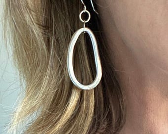Silver Oval Hoop Earrings, 925 Ear Hooks, Unique Statement Jewellery for Women, Earring Gift for Her, Girlfriend Gift, Bohemian Jewellery