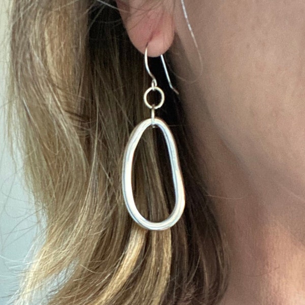 Silver Oval Hoop Earrings, 925 Ear Hooks, Unique Statement Jewellery for Women, Earring Gift for Her, Girlfriend Gift, Bohemian Jewellery