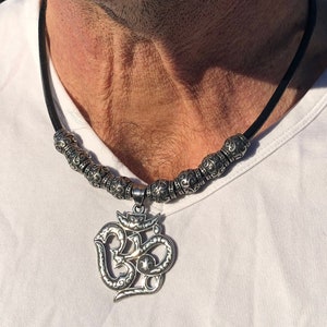 Mens Leather Pendant Necklace, Silver Beaded Pendant Necklace, Unisex Black Leather Om Pendant Necklace, Om Man Necklace, Unisex Om Pendant