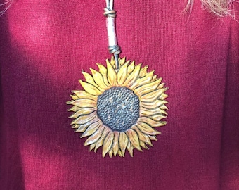 Sunflower Pendant, Leather Pendant Necklace, Statement Necklace, Bohemian Jewellery, Leather Jewellery, Gift for Her, Unique Necklace