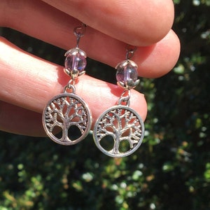 Tree of Life Earrings, Amethyst Earrings, Spiritual Amethyst Stone and Tree of Life Earrings, Stainless Steel, Amethyst Turtle Earrings