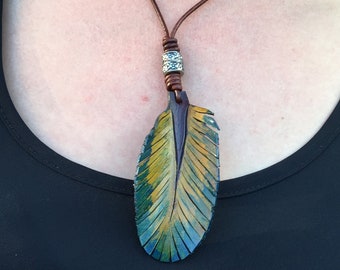 Leather Feather Boho / Hippy Pendant Necklace, Green, Yellow Feather Necklace, Feather Pendant, Gift for Her, Short Leather Necklace