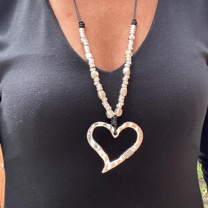Big Silver Heart Pendant, Long Beaded Necklaces for Women, Handmade Boho Jewellery