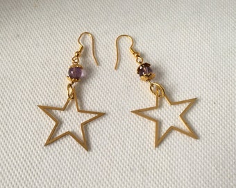 Gold Star and Amethyst Earrings, Gold Plated Stainless Steel Star and Amethyst Earrings, Gold Earrings, Amethyst Earrings, Dangle Earrings