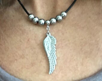 Angel Necklace, Wing Pendant Necklace, Silver Angel Wing, Leather Necklace, Angel Wing Pendant Necklace, Angel Jewellery, Angel Lover Gift