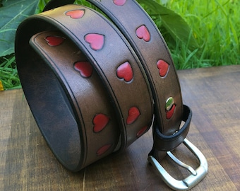 Handmade Brown Leather Belt with Red Hearts, Smart Brown Leather Handmade Belt, Brown Leather Belt with Hearts, Womens Brown Leather Belt