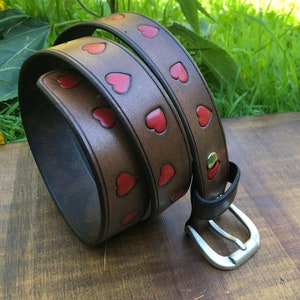 Handmade Brown Leather Belt with Red Hearts, Smart Brown Leather Handmade Belt, Brown Leather Belt with Hearts, Womens Brown Leather Belt