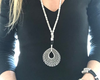 Minimalist Teardrop Pendant Necklace – Long Beaded Leather Cord, Handmade Statement Jewellrey