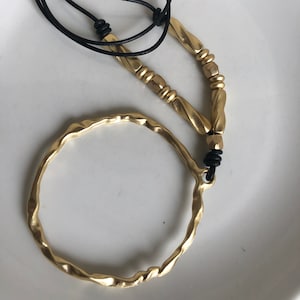 Circle Pendant Necklace, Gold Statement Necklace, Gold and Black Leather Long Necklace, Womens Necklace, Gold Statement Jewellery