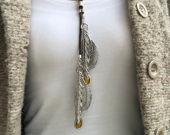 Bohemian Silver and Leather Long Necklace, Silver Feather Tassel Necklace, Boho Jewellery for Women, Silver Feather Pendant Long Necklace