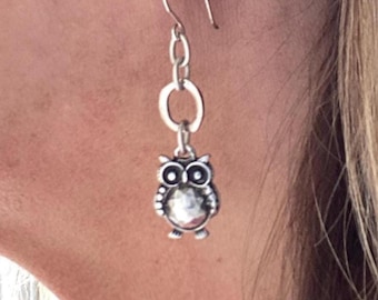 Silver Owl Charm Earrings with 925 Sterling Silver Ear Hooks, Owl Lovers Gifts, Everyday Earrings for Women, Boho Earrings for Her