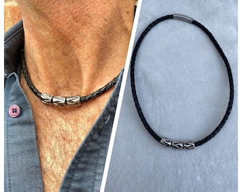 Men&#39;s Braided Leather Necklace, Beaded Leather Necklace for Him, Gift for Dad/Brother/Husband, Leather and Steel Jewellery for Him