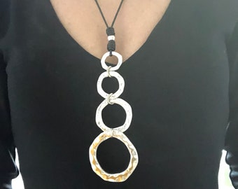 Handmade Long Silver Circles Necklace, Boho Statement Necklace, Silver Rings Pendant on Black Leather Cord, Modern Bohemian Jewelry