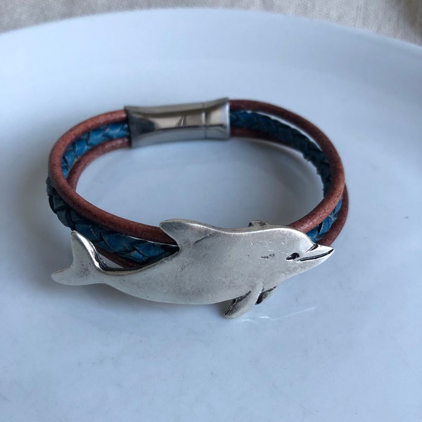 Dolphin Bracelet, Leather Bracelet, Statement Bracelet, Dolphin Lover Gift, Silver Dolphin, Gift for Him, Gift for Her, Unisex Bracelet