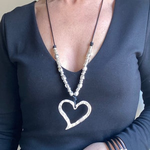 Long Silver Statement Pendant Necklace for Women, Big Silver Heart Beaded Pendant, Birthday or Valentine Gift, Unique Bohemian Summer Wear