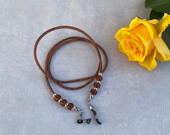 Glasses Chain, Glass Bead and Brown Leather Eye Glass Strap, Sunglass Lanyard, Dad Gifts, Gift for Him, Eye Wear Jewellery Accessory for Men