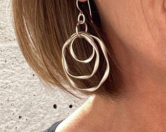 Silver  Hoop Earrings, Silver Statement Dangle and Drop Hoops, Gift for Her, Mum, Girlfriend, 925 Ear Wires, Bohemian Open Circle Earrings