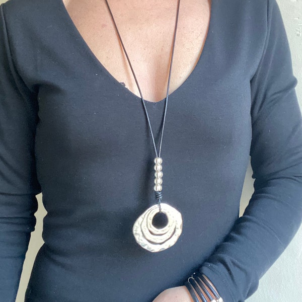 Long Silver Statement Necklace, Long Silver Big Circles Necklace, Ring Pendant Necklace, Gift for Sister, Mum, Best Friend, Birthday for Her