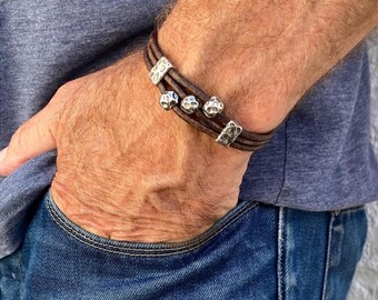 Pulsera de cuero con cuentas de plata para hombre y mujer, unisex.