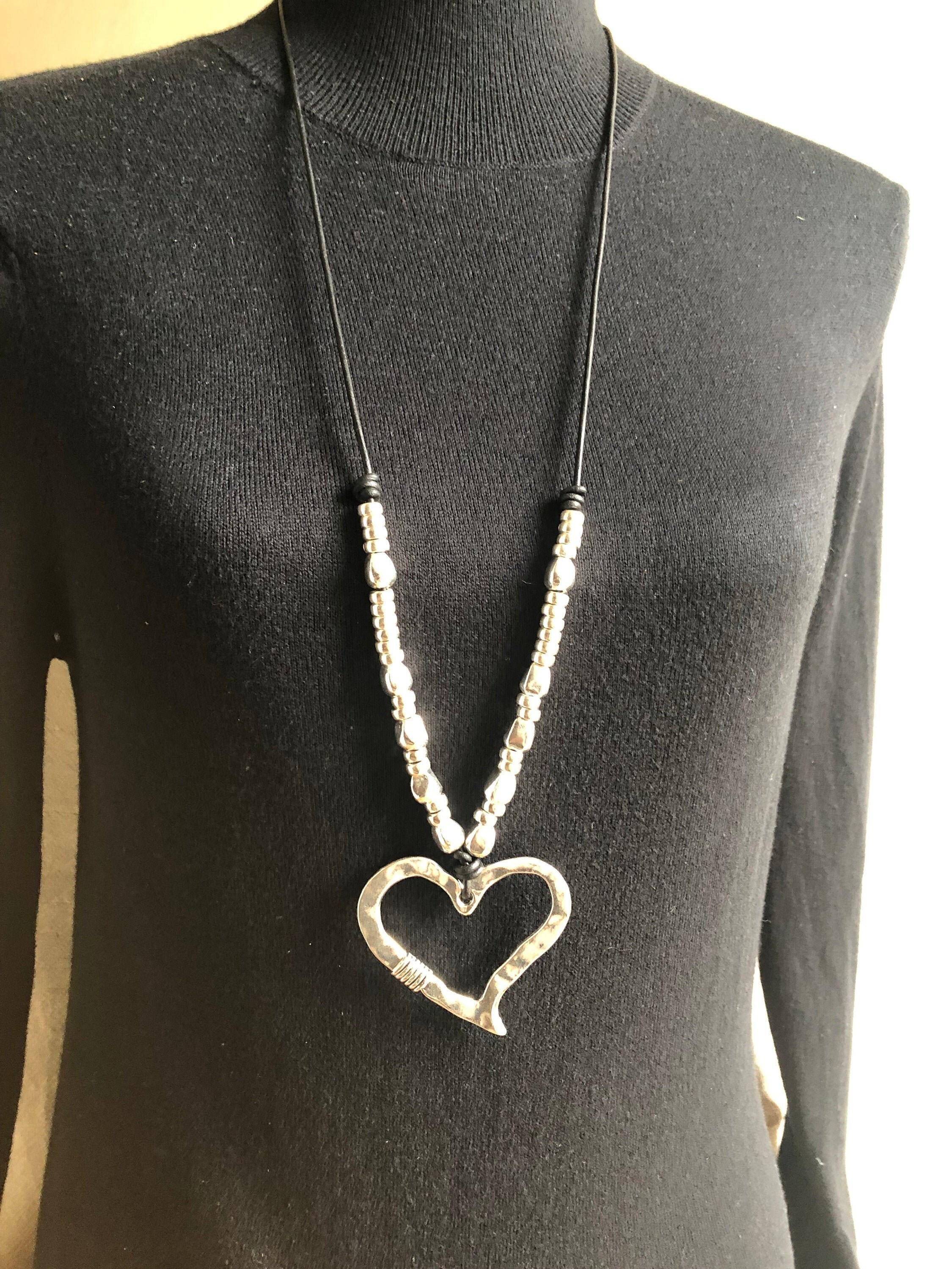 Large Heart Silver Heart Long Statement Necklace Heart | Etsy