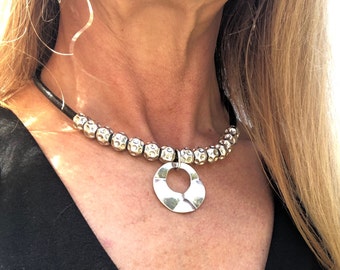 Silver Choker, Pendant Necklace, Bohemian Necklace, Womens Necklace, Chunky Necklace, Statement Jewellery, Silver Beaded Short Necklace