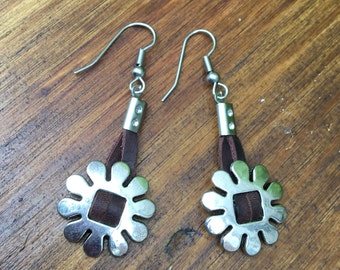 Silver and Leather Flower Earrings, Floral Earrings, Drop Earrings, Dangly Earrings, Silver Flower Earrings, Bohemian Leather Earrings