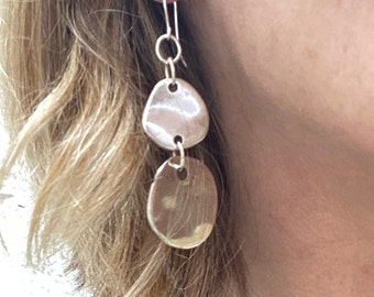 Silver Disc Drop Dangle Earrings, Long Statement Earrings for Women, Birthday Gift for Her, Unique Silver Statement Jewellery for Women