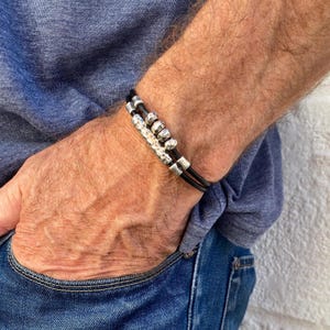 Men&#39;s Leather and Silver Bracelet, Unisex Beaded Leather Bracelet in Brown or Black