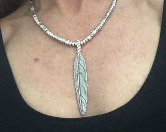 Big Feather Pendant Necklace, Silver Feather Necklace, Large Silver Feather, Silver Beaded Feather Pendant Necklace, Womens Necklace, Silver