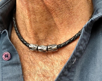 Men's Braided Leather Necklace, Beaded Leather Necklace for Him, Gift for Dad/Brother/Husband, Leather and Steel Jewellery for Him