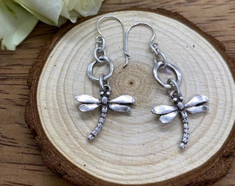 Silver Boho Dragonfly Earrings, Bohemian Earrings for Women, Sterling Silver Ear Hooks, Gift for Sister, Mum, Girlfriend