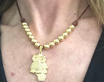 Gold Owl Necklace, Owl Pendant, Gold Pendant Necklace, Womens Necklace, Gold Statement Necklace, Gold Beaded Necklace, Gold Owl Pendant