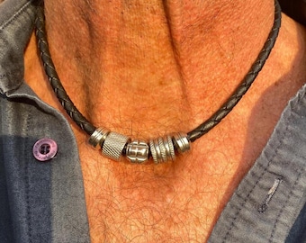 Collar trenzado de cuero marrón o negro para hombre, gargantilla de cuentas de acero inoxidable, estilo grueso