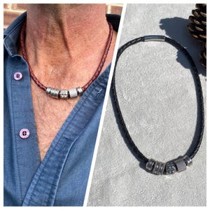 Gevlochten bruin/zwart leer en zilveren kralenketting heren, zilveren kralenketting voor heren, leren choker met roestvrijstalen kralen voor heren