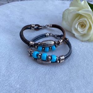 Silver/Turquoise Beaded Bracelet for Women, Leather Beaded Bracelet for Her, Gift for Mum/Sister/Girlfriend/Friend, Bohemian Leather Bangle