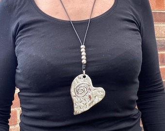 Heart Pendant Necklace, Long Silver and Leather Bohemian Necklace, Women's Statement Necklace, Statement Necklace, Heart Gift
