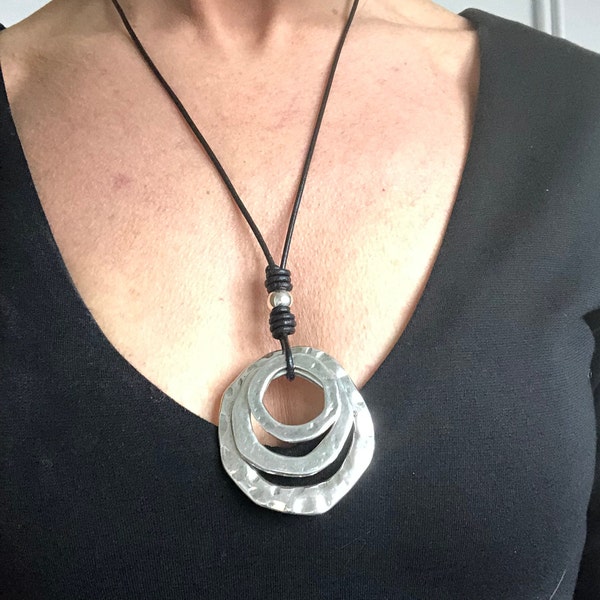 Handmade Long Silver Circles  Statement Necklace, Circle Long Statement Pendant Necklace, Big Pendant, Handmade Boho Circle Pendant Necklace