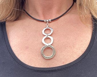 Circles Pendant Choker for Women, Minimalist Statement Necklace with Black or Brown Leather Cord, Gift for Her