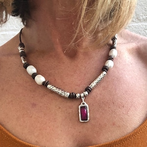 Silver Bead Leather Knot Pendant Necklace, Rustic Leather and Silver Knot Pendant Necklace, Womens Beaded Bohemian Brown Leather Necklace