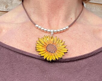 Handmade Leather Sunflower Pendant Necklace: Bohemian Tooled Jewelry