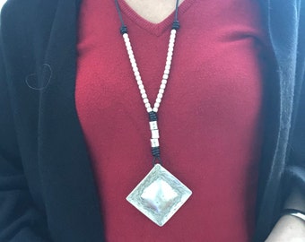 Long Silver Diamond Pendant Statement Necklace Long Silver and Leather Beaded Necklace for Women Long Leather and Silver Bohemian Necklace