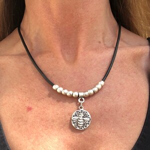 Silver Bee Pendant Necklace, Leather and Silver Necklace, Bohemian Necklace, Short Necklace, Womens Bee Necklace, Bee Pendant, Gift for Her