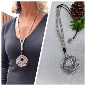 Silver Statement Pendant Necklace, Geometric Drop Charm Necklace for Her, Long Beaded Necklace for Women, Elegant Long Beaded Jewellery