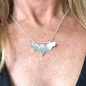 Silver Bat Necklace, Bat Pendant Necklace, Sterling Silver Bat Necklace, Bat Jewellery, Halloween Bat Necklace, Hammered Silver Bat