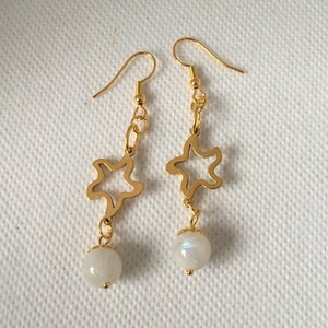 Gold Star and Moonstone Earrings, Dangle Earrings with Moonstone Gemstones, Gold Plated Stainless Steel Dangle Moonstone Earrings