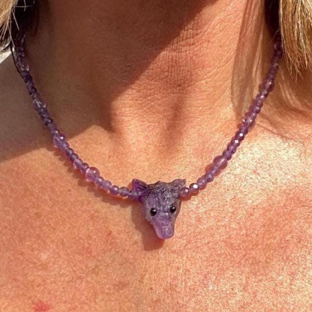 Collier Pendentif Tête De Renard Avec Améthyste - Doré, Acier Inox, Longueur 41-46 Cm, Neuf Sans Emballage