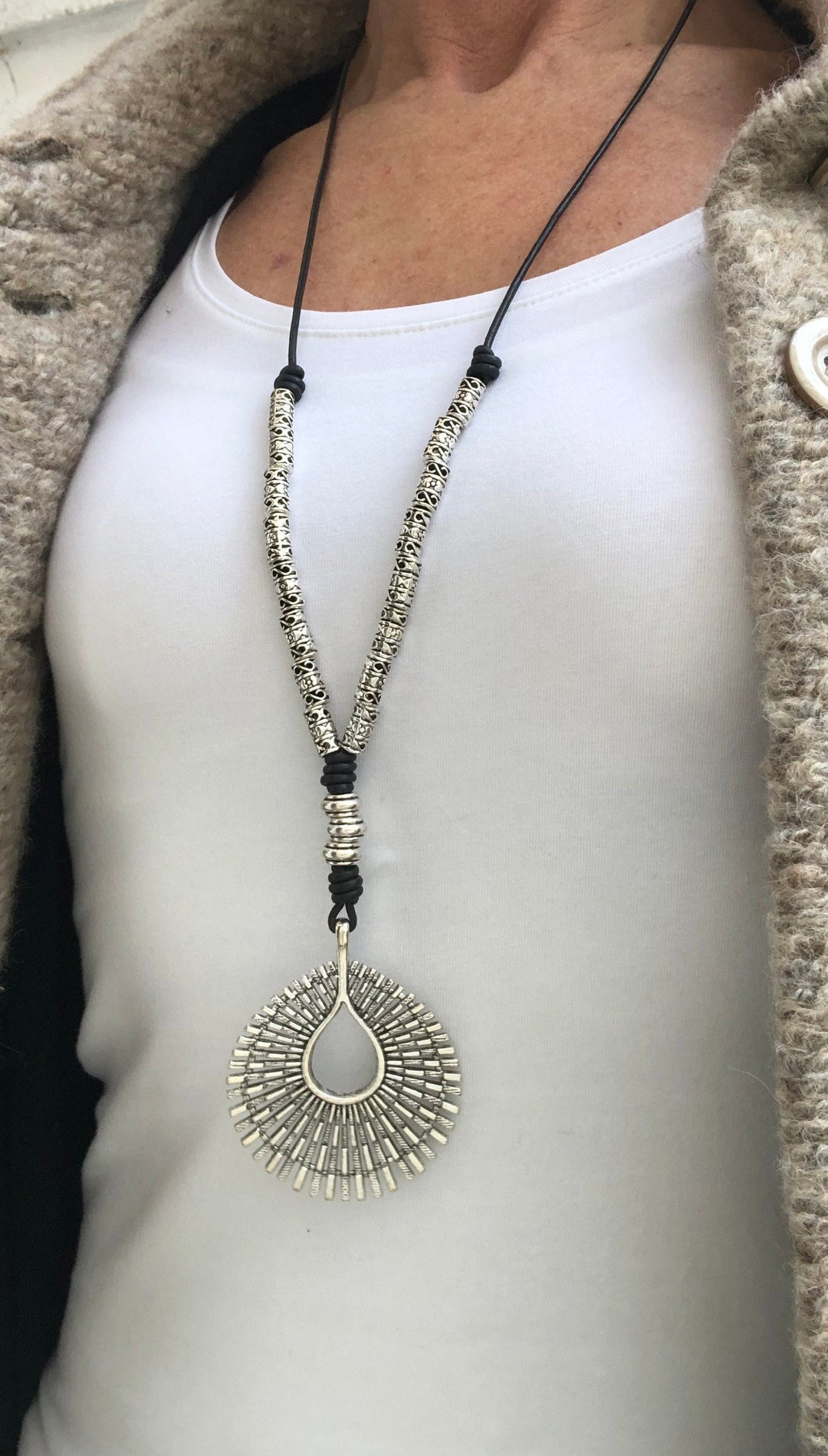 Silver Teardrop Long Pendant Necklace, Leather and Silver Teardrop ...