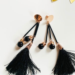 Black Tussle Drop Earring, Rose Gold, Pear Fruit shape